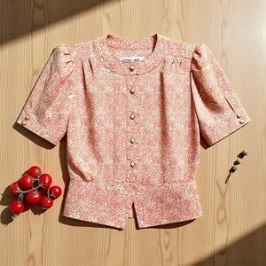 Vintage 90s Andrea Gayle Petites Pink Floral Peplum Blouse Puff Sleeve Size 8P